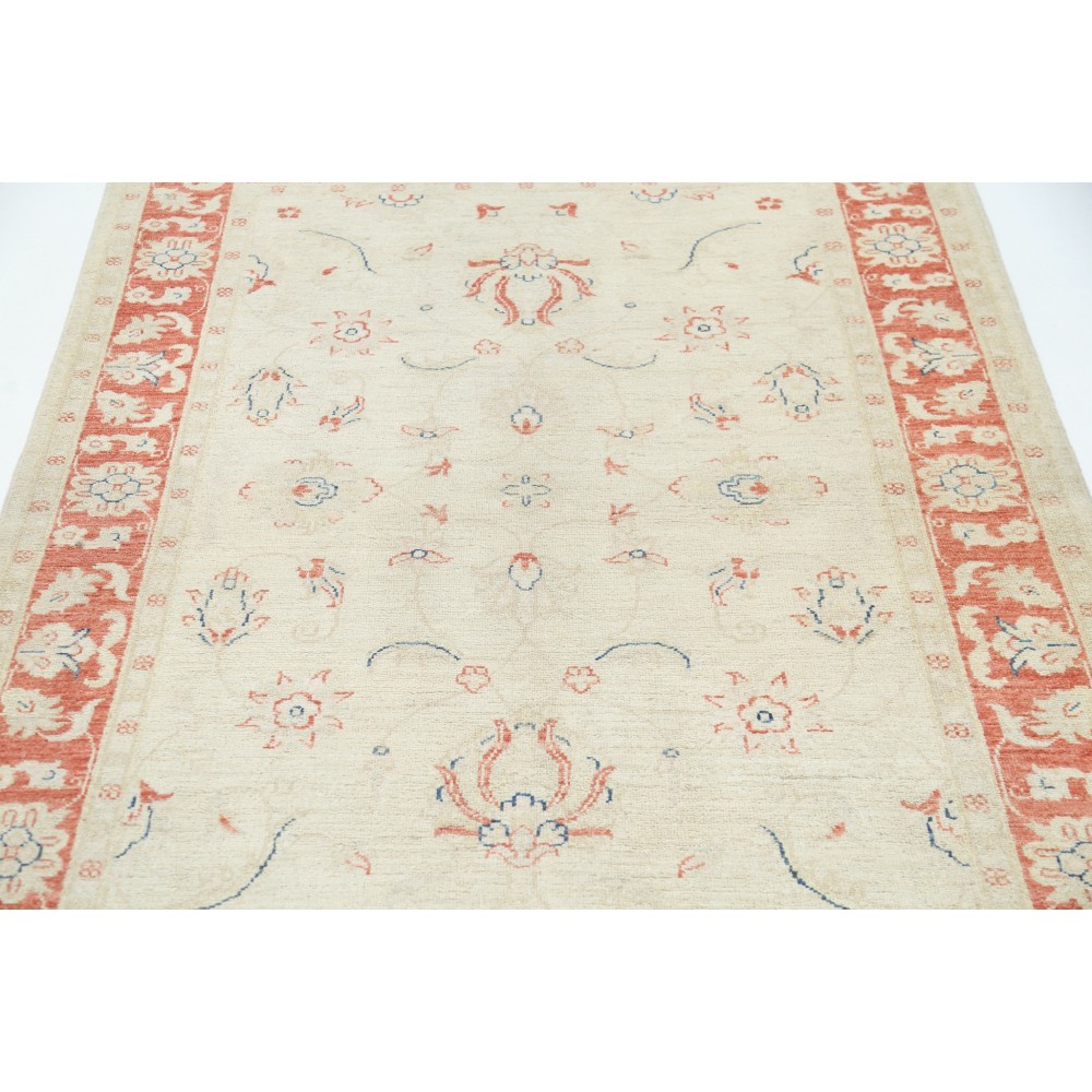 Hand Knotted Floral Turkish Accent Rug with Beige Field and Red Border | 100% Wool Hand Knotted Floral Turkish Accent Rug with Beige Field and Red Border | 100% Wool