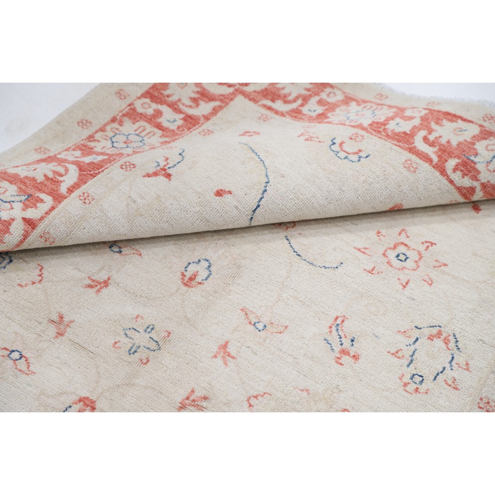 Hand Knotted Floral Turkish Accent Rug with Beige Field and Red Border | 100% Wool Hand Knotted Floral Turkish Accent Rug with Beige Field and Red Border | 100% Wool