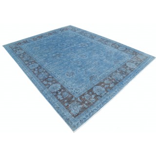 Hand Knotted Blue Wool Oushak Large Area Rug with All-Over Floral Design
