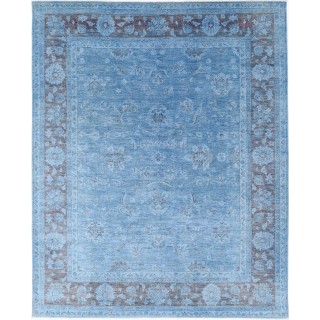 Hand Knotted Blue Wool Oushak Large Area Rug with All-Over Floral Design