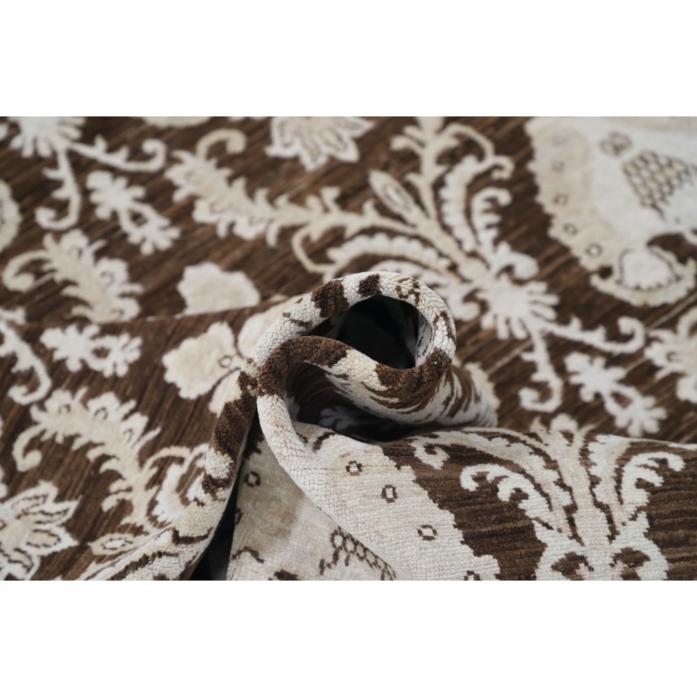 Hand Knotted Brown and Ivory Wool Area Rug, Traditional Ornamental Carpet Hand Knotted Brown and Ivory Wool Area Rug, Traditional Ornamental Carpet