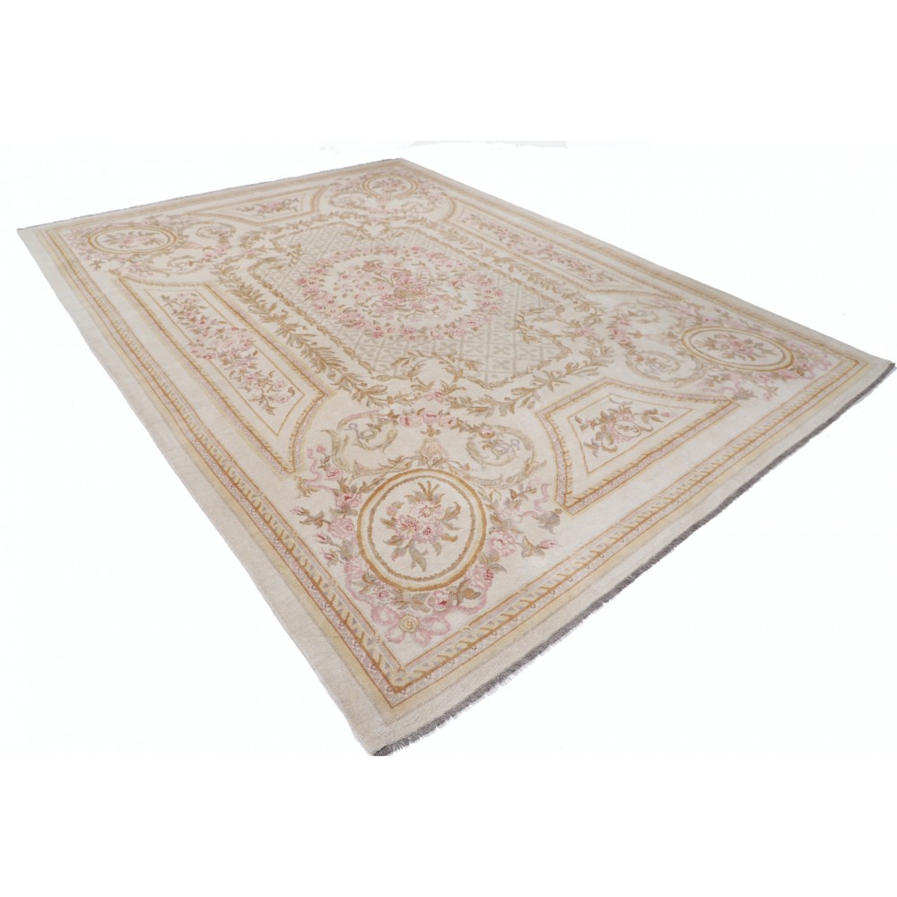 Hand Knotted Ivory, Pale Pink Large Area Rug | Decorative Floral Design Wool Carpet
