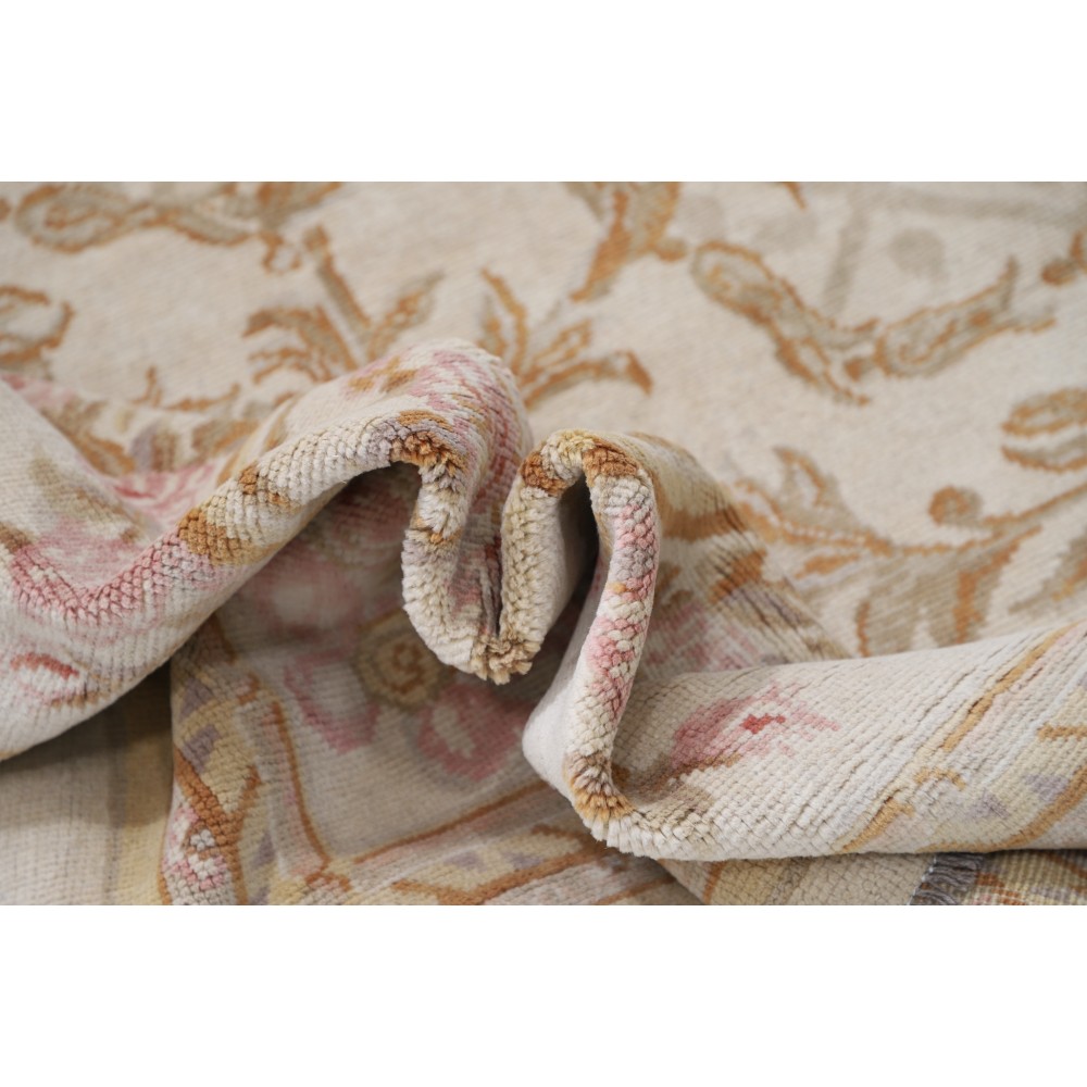 Hand Knotted Ivory, Pale Pink Large Area Rug | Decorative Floral Design Wool Carpet