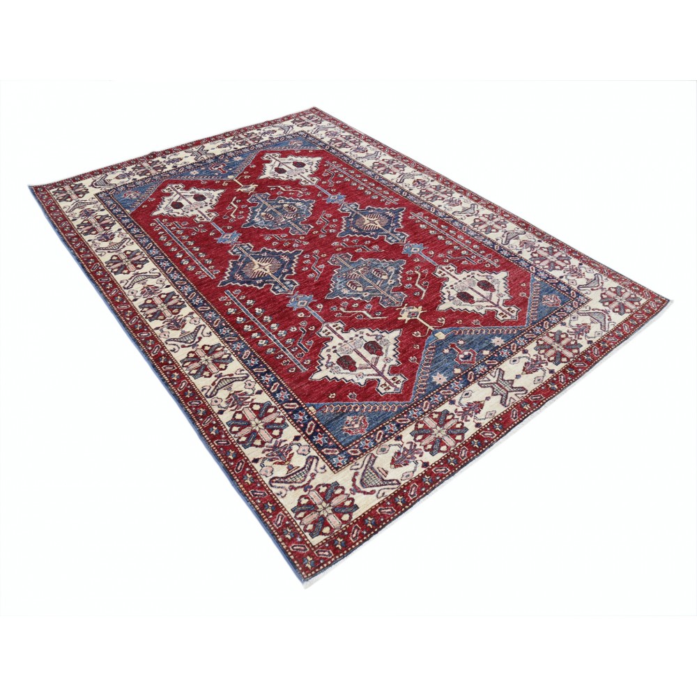 Hand Knotted Red, Navy Blue and Ivory Wool Area Rug | Turkish Geometric Design Carpet
