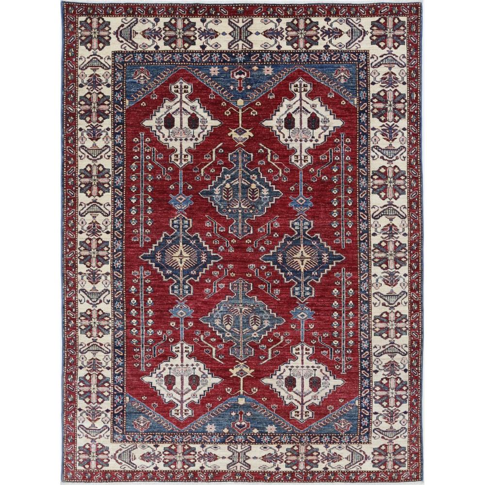 Hand Knotted Red, Navy Blue and Ivory Wool Area Rug | Turkish Geometric Design Carpet