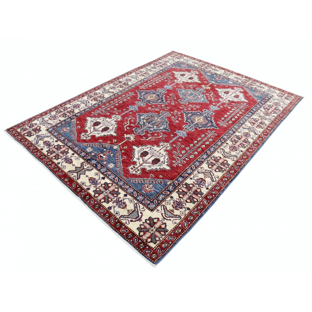 Hand Knotted Red, Navy Blue and Ivory Wool Area Rug | Turkish Geometric Design Carpet