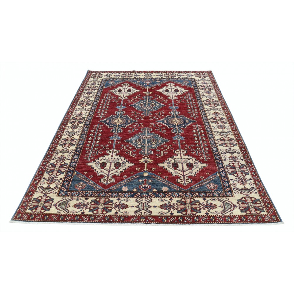 Hand Knotted Red, Navy Blue and Ivory Wool Area Rug | Turkish Geometric Design Carpet