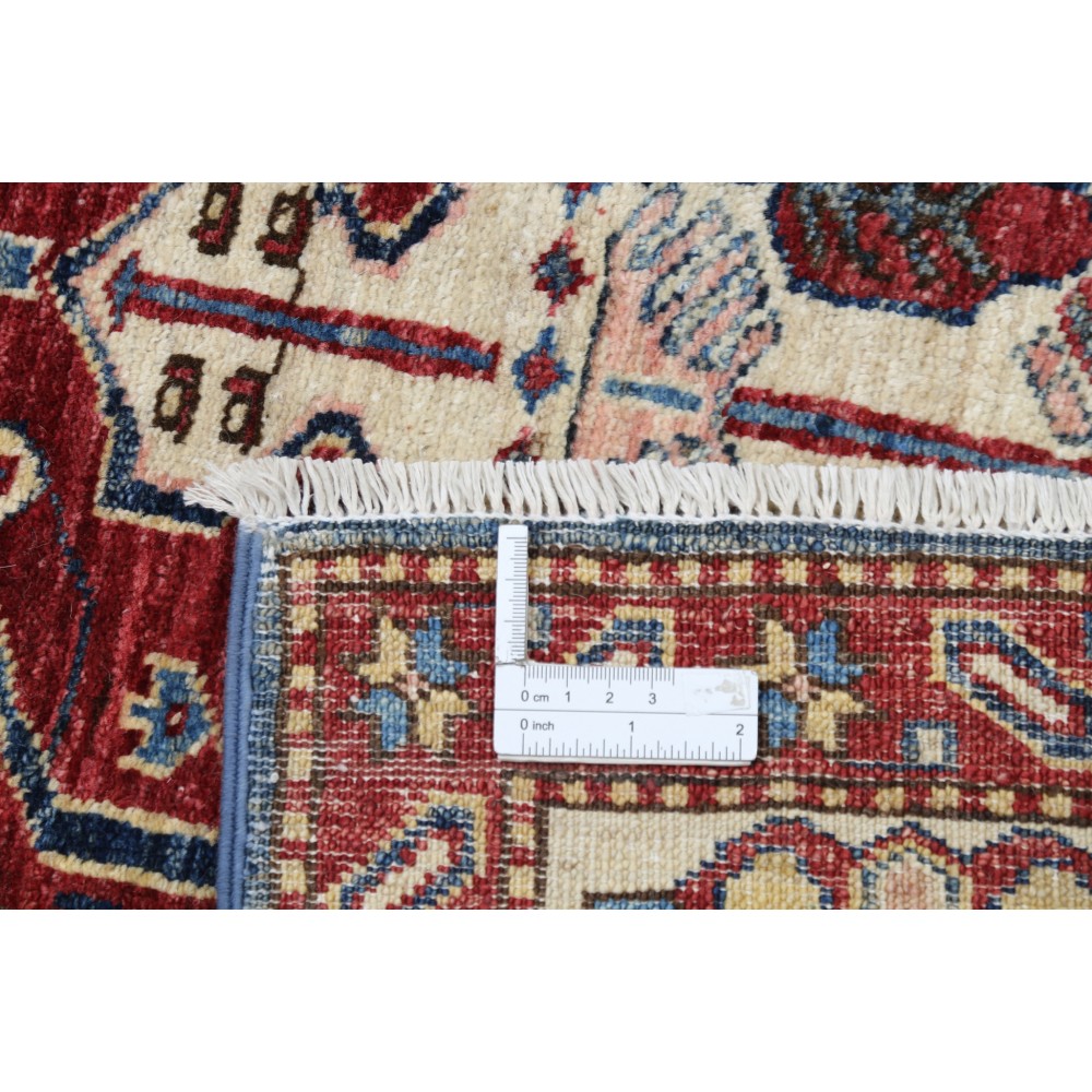 Hand Knotted Red, Navy Blue and Ivory Wool Area Rug | Turkish Geometric Design Carpet