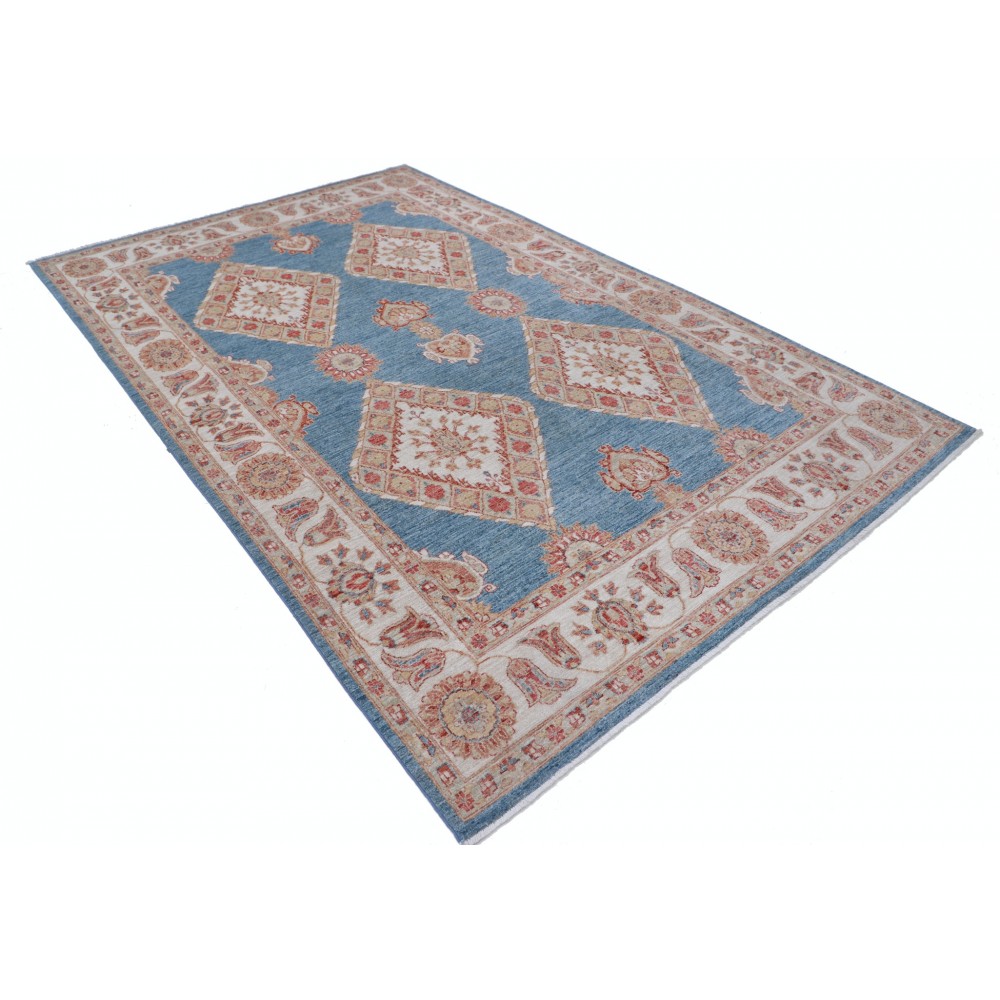 Hand Knotted Light Blue, Ivory and Blush Wool Area Rug | Turkish Diamond Geometric Design Accent Hand Knotted Light Blue, Ivory and Blush Wool Area Rug | Turkish Diamond Geometric Design Accent
