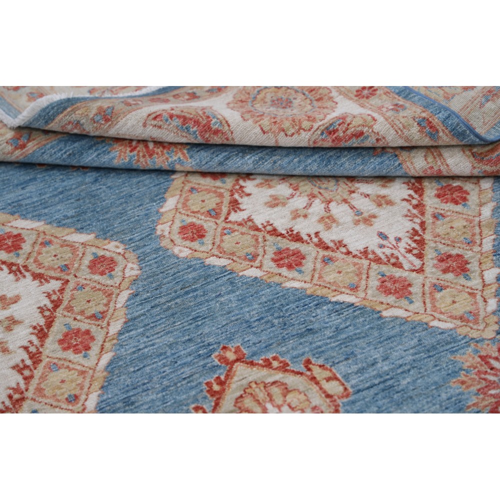 Hand Knotted Light Blue, Ivory and Blush Wool Area Rug | Turkish Diamond Geometric Design Accent Hand Knotted Light Blue, Ivory and Blush Wool Area Rug | Turkish Diamond Geometric Design Accent