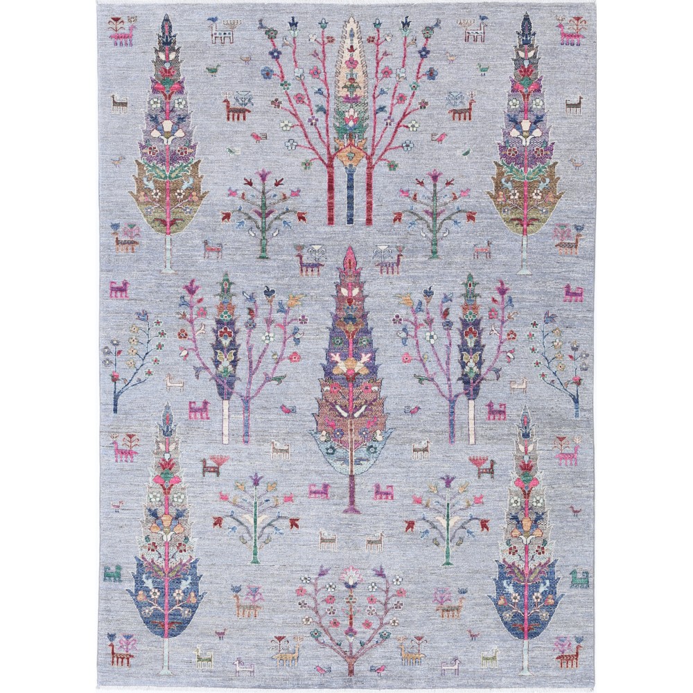 Hand Knotted Turkish Wool Rug | Gray Floral & Tree Motif Area Rug in Multicolor Tones for Living Room