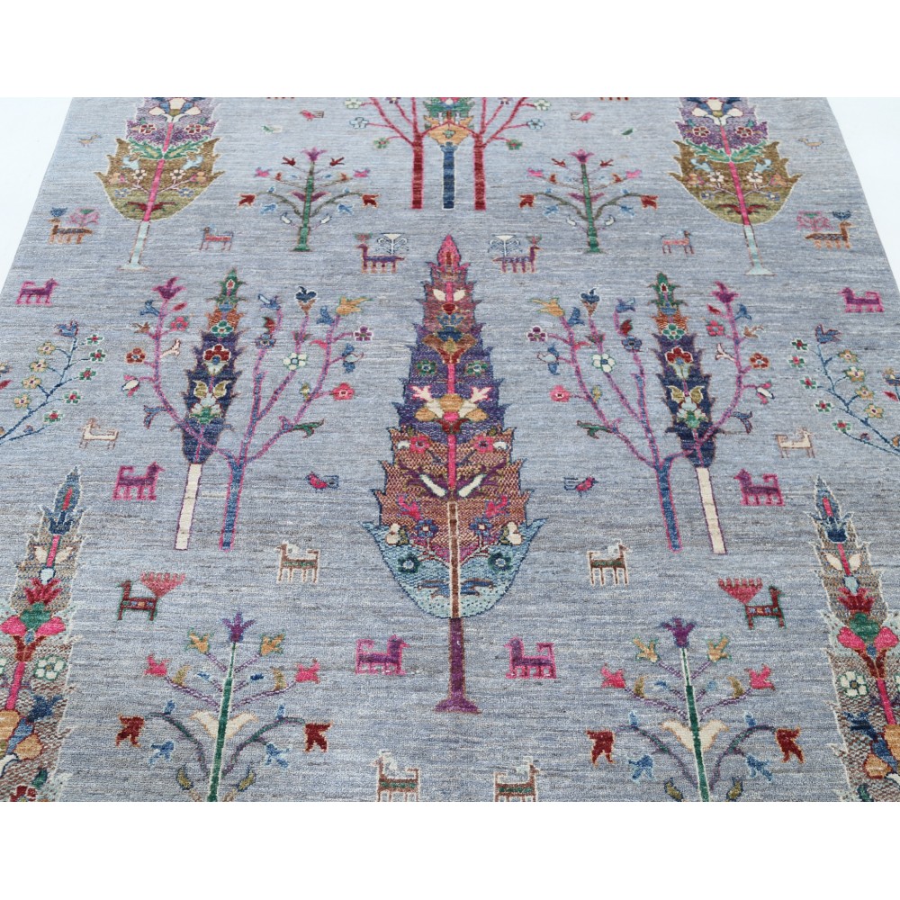Hand Knotted Turkish Wool Rug | Gray Floral & Tree Motif Area Rug in Multicolor Tones for Living Room