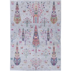 Hand Knotted Turkish Wool Rug | Gray Floral & Tree Motif Area Rug in Multicolor Tones for Living Room