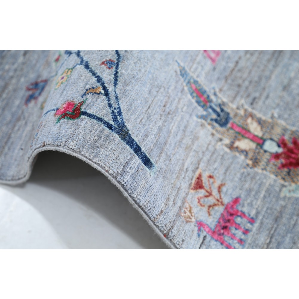 Hand Knotted Turkish Wool Rug | Gray Floral & Tree Motif Area Rug in Multicolor Tones for Living Room