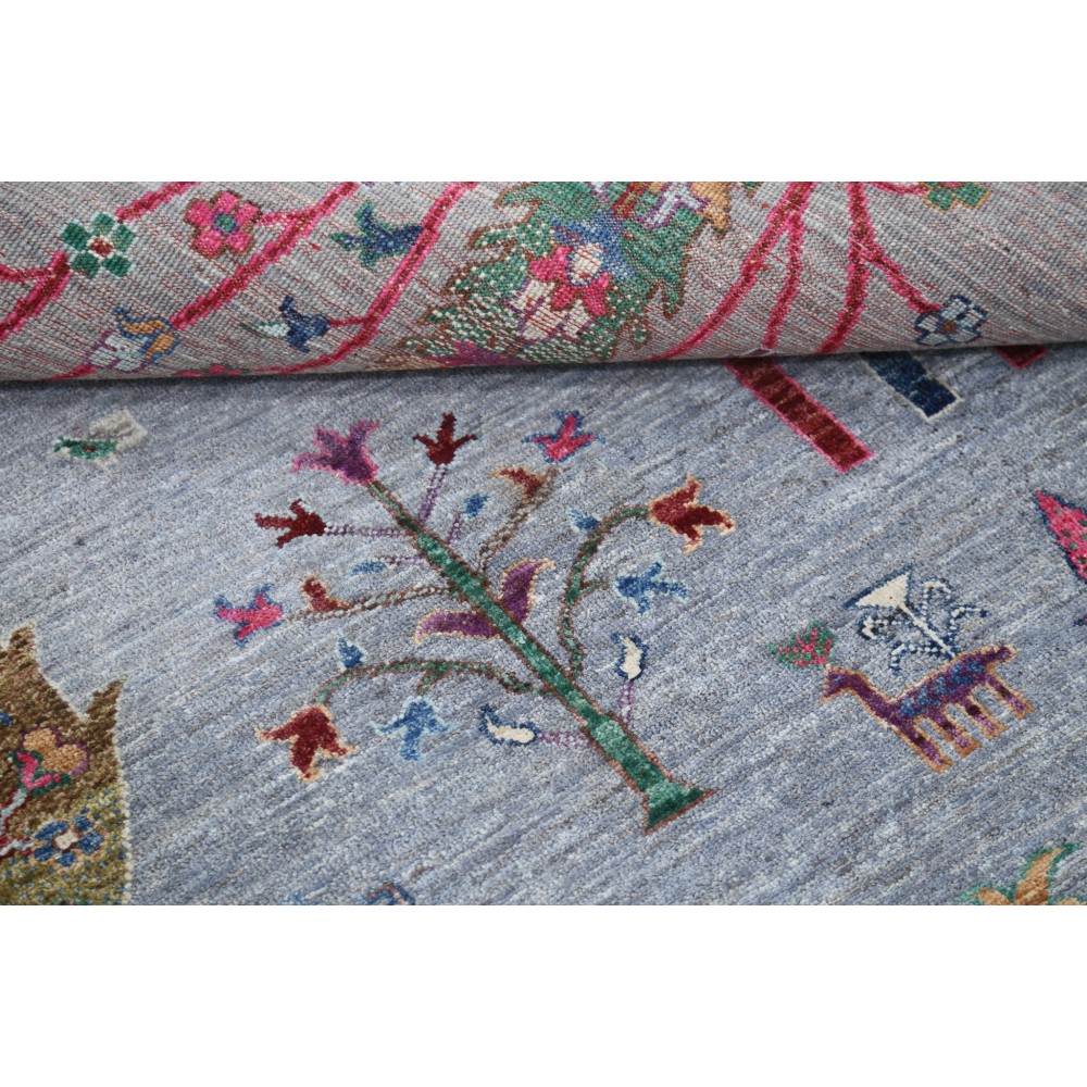 Hand Knotted Turkish Wool Rug | Gray Floral & Tree Motif Area Rug in Multicolor Tones for Living Room