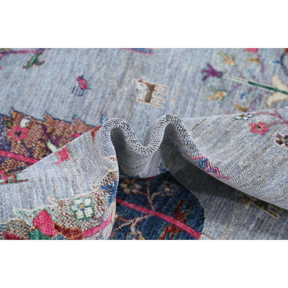 Hand Knotted Turkish Wool Rug | Gray Floral & Tree Motif Area Rug in Multicolor Tones for Living Room