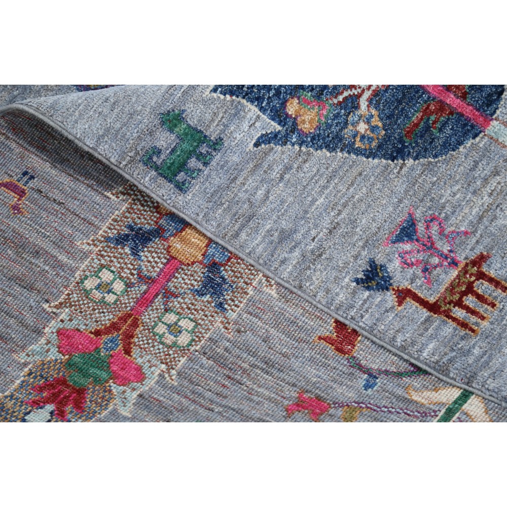 Hand Knotted Turkish Wool Rug | Gray Floral & Tree Motif Area Rug in Multicolor Tones for Living Room