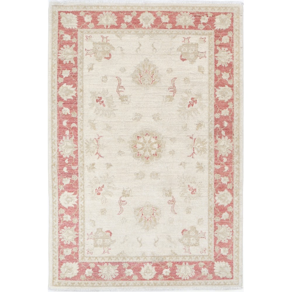 Hand Knotted Floral Oushak Accent Rug with Beige Field and Red Border | 100% Wool Hand Knotted Floral Oushak Accent Rug with Beige Field and Red Border | 100% Wool