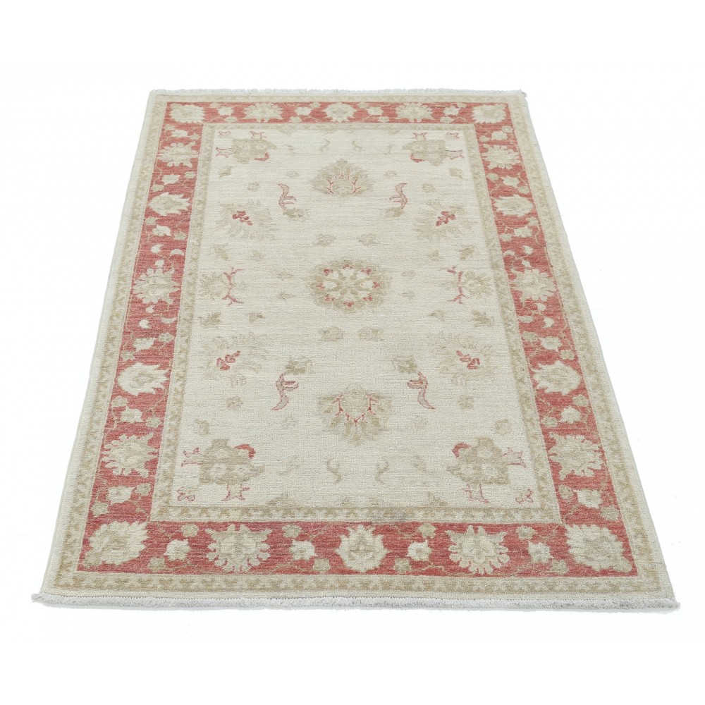 Hand Knotted Floral Oushak Accent Rug with Beige Field and Red Border | 100% Wool Hand Knotted Floral Oushak Accent Rug with Beige Field and Red Border | 100% Wool
