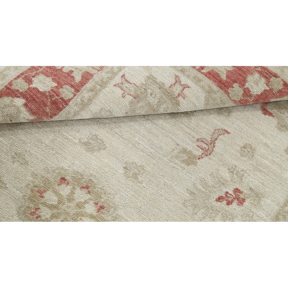 Hand Knotted Floral Oushak Accent Rug with Beige Field and Red Border | 100% Wool Hand Knotted Floral Oushak Accent Rug with Beige Field and Red Border | 100% Wool