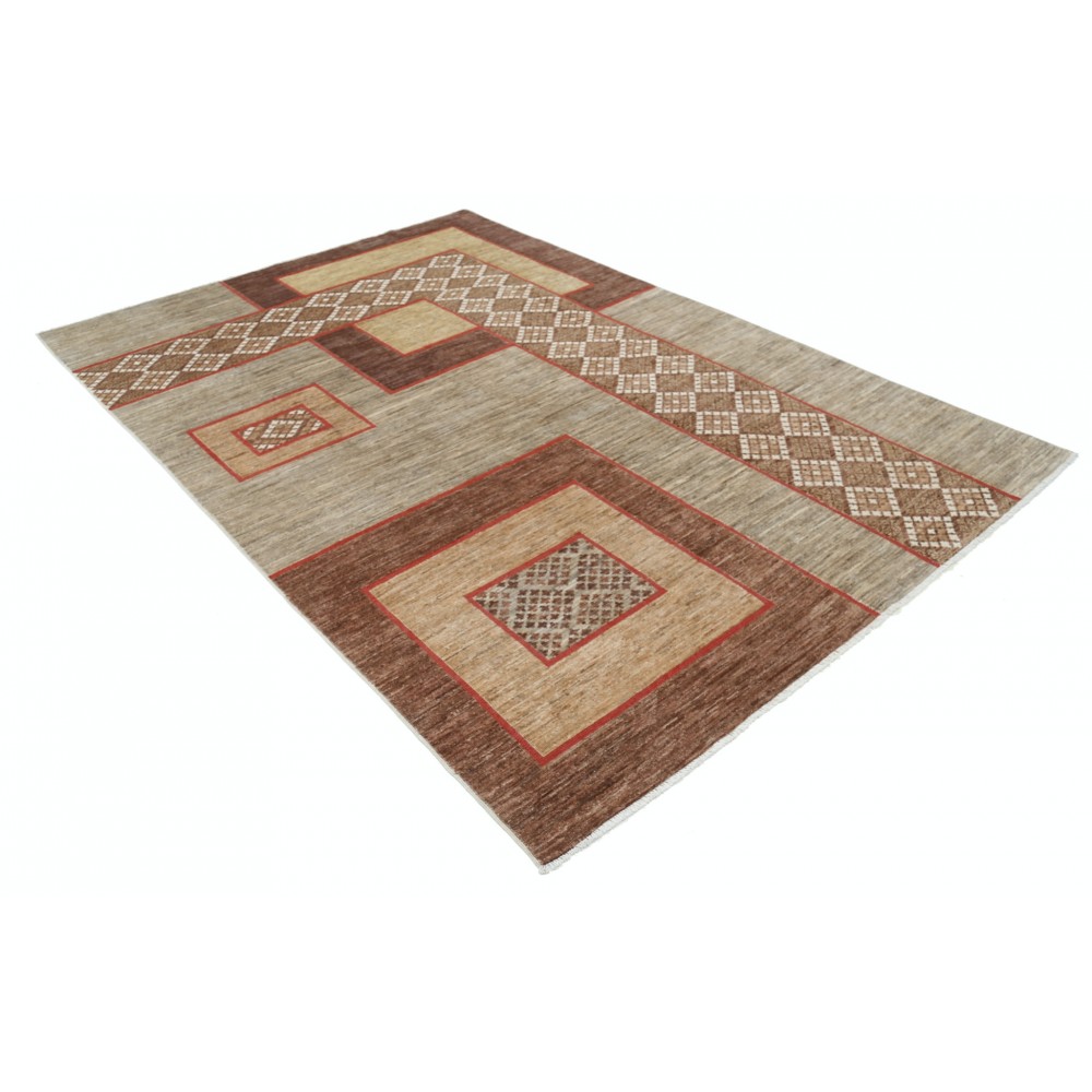 Hand Knotted Beige, Brown and Red Wool Area Rug | Abstract Geometric Design Carpet Hand Knotted Beige, Brown and Red Wool Area Rug | Abstract Geometric Design Carpet