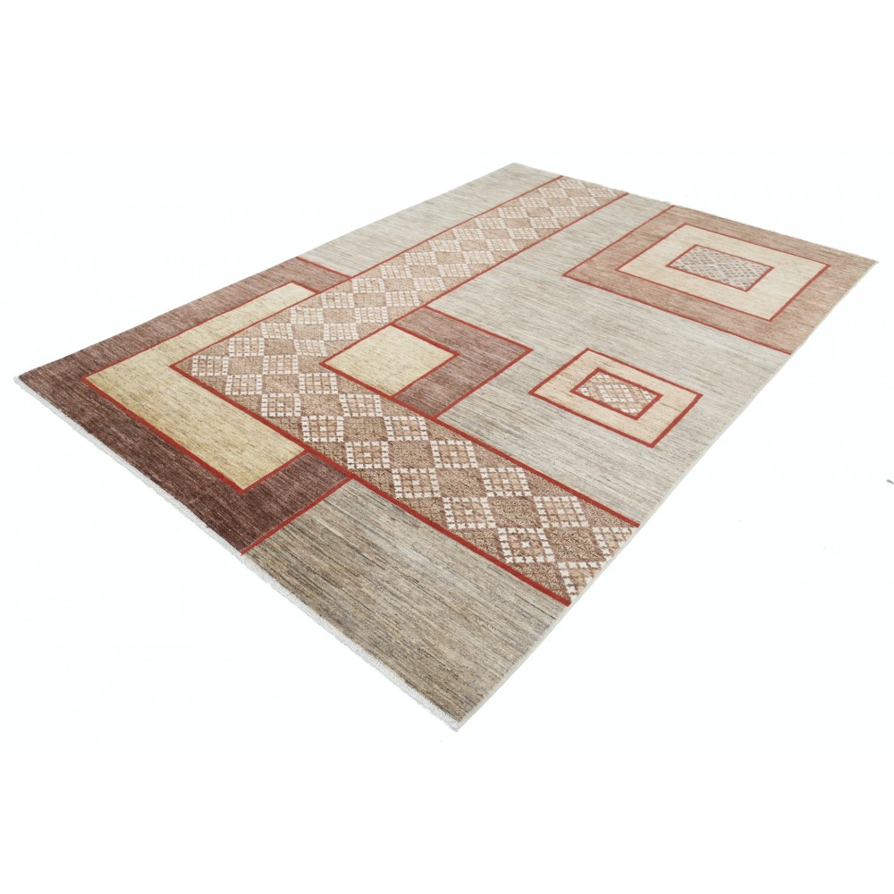 Hand Knotted Beige, Brown and Red Wool Area Rug | Abstract Geometric Design Carpet Hand Knotted Beige, Brown and Red Wool Area Rug | Abstract Geometric Design Carpet