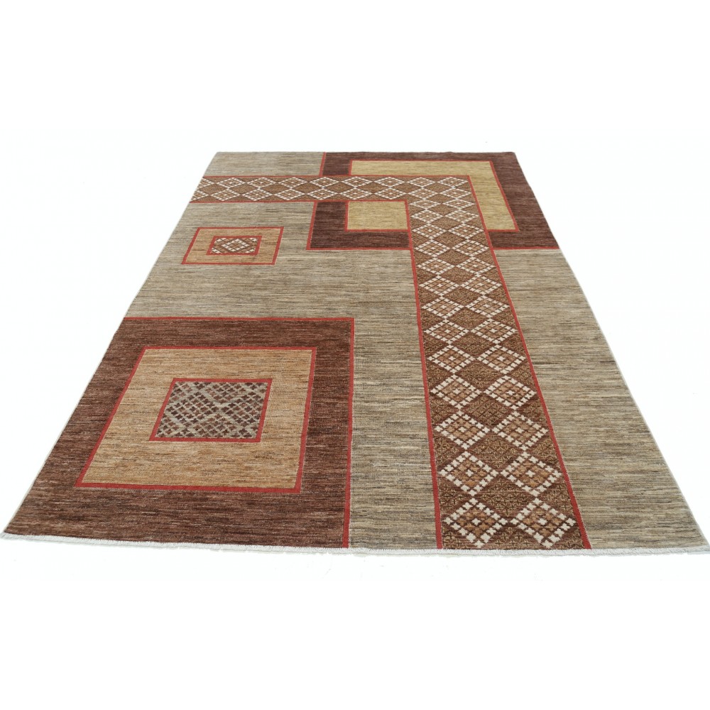 Hand Knotted Beige, Brown and Red Wool Area Rug | Abstract Geometric Design Carpet Hand Knotted Beige, Brown and Red Wool Area Rug | Abstract Geometric Design Carpet