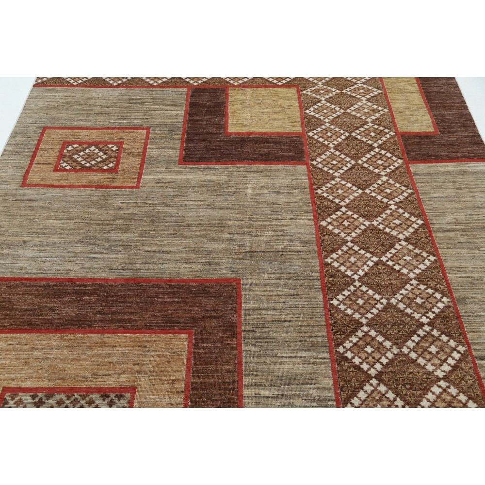 Hand Knotted Beige, Brown and Red Wool Area Rug | Abstract Geometric Design Carpet Hand Knotted Beige, Brown and Red Wool Area Rug | Abstract Geometric Design Carpet
