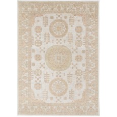 Traditional Hand Knotted Beige Area Rug | Geometric Medallion Design Carpet