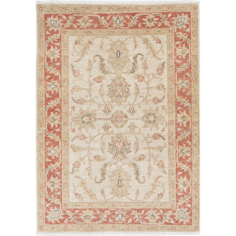 Hand Knotted Beige Accent Rug, Red Border Wool Area Rug with Floral Design