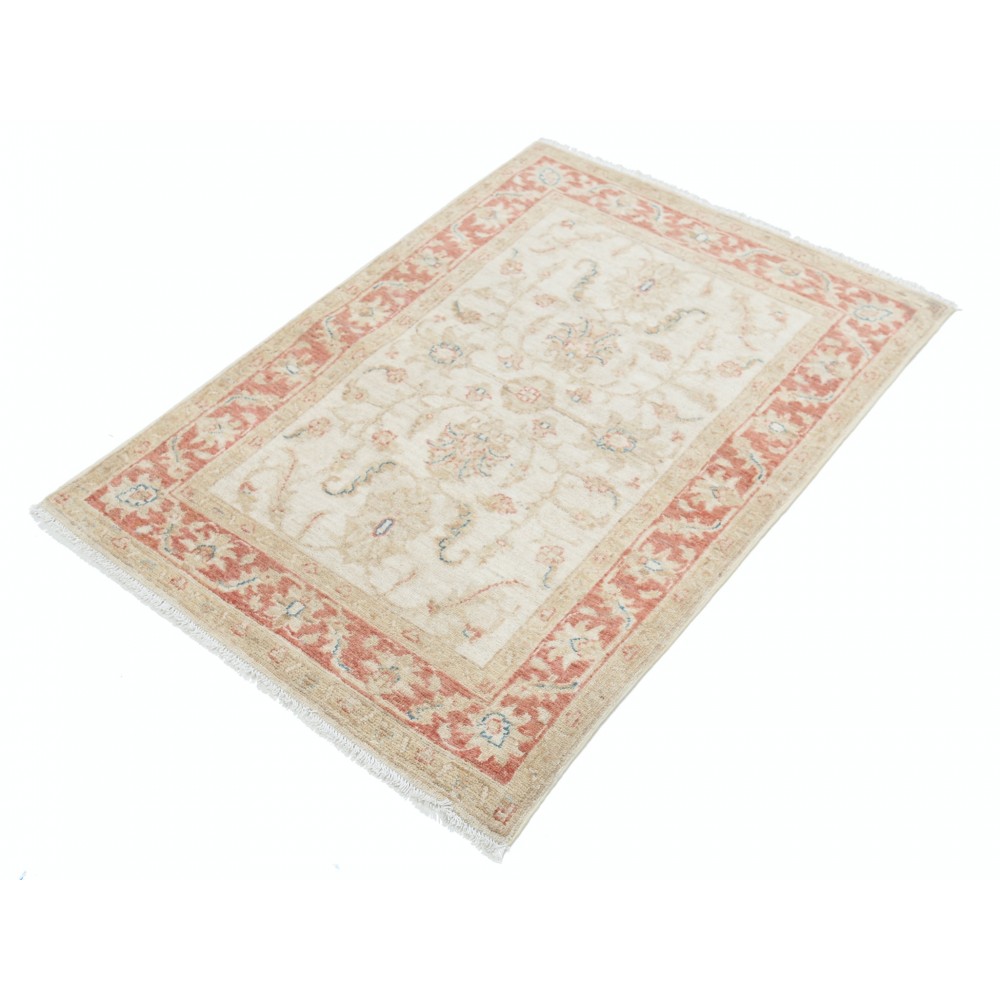 Hand Knotted Beige Accent Rug, Red Border Wool Area Rug with Floral Design