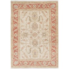 Hand Knotted Beige Accent Rug, Red Border Wool Area Rug with Floral Design
