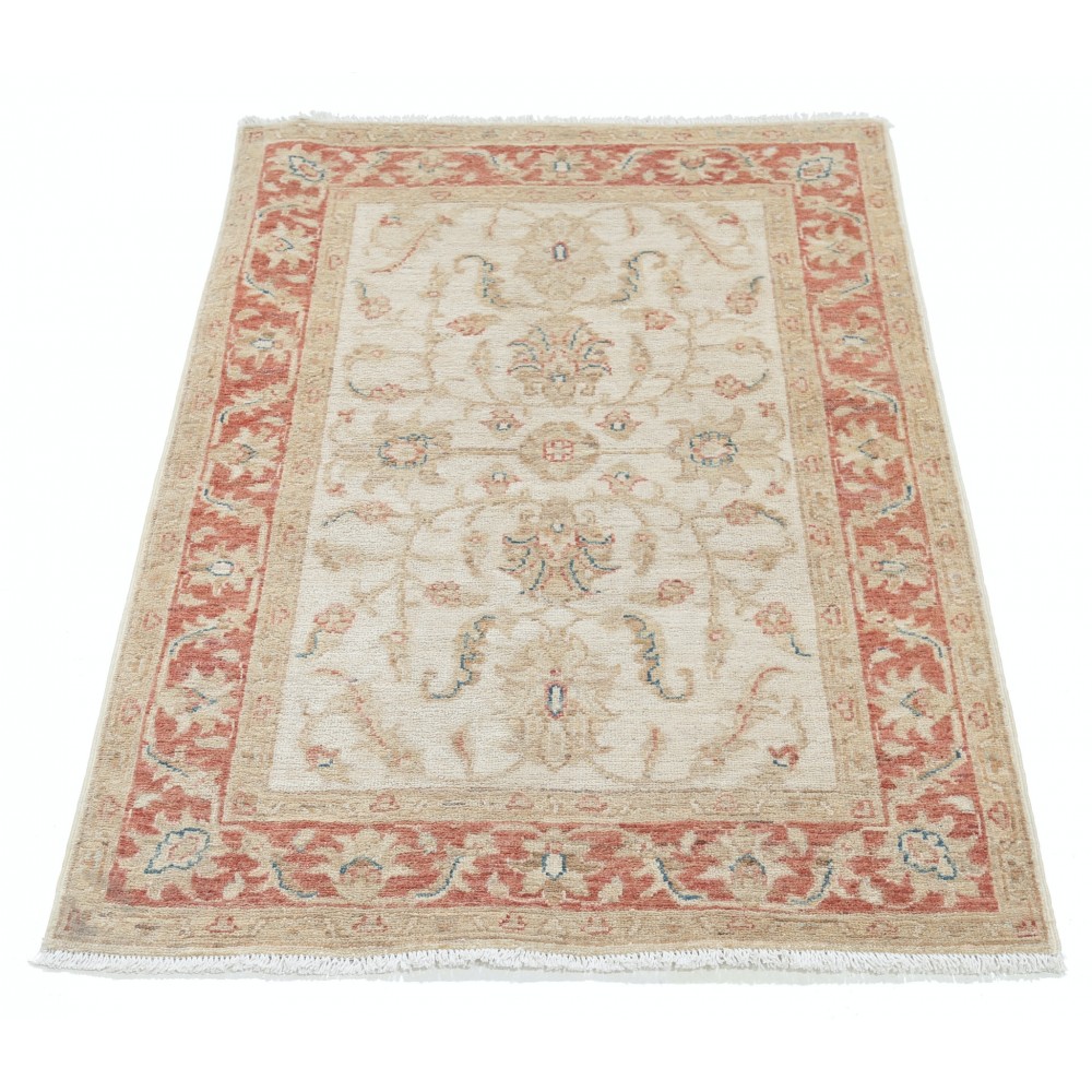 Hand Knotted Beige Accent Rug, Red Border Wool Area Rug with Floral Design