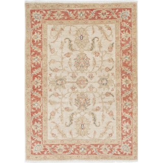 Hand Knotted Beige Accent Rug, Red Border Wool Area Rug with Floral Design