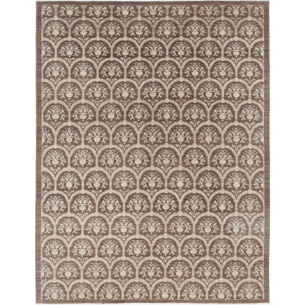 Hand Knotted Brown and Ivory Wool Area Rug | Turkish Botanical Repeating Design Carpet Hand Knotted Brown and Ivory Wool Area Rug | Turkish Botanical Repeating Design Carpet