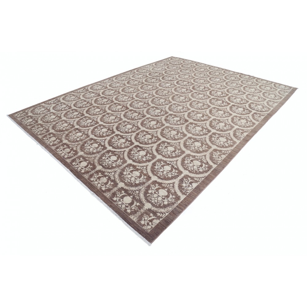 Hand Knotted Brown and Ivory Wool Area Rug | Turkish Botanical Repeating Design Carpet Hand Knotted Brown and Ivory Wool Area Rug | Turkish Botanical Repeating Design Carpet