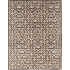 Hand Knotted Brown and Ivory Wool Area Rug | Turkish Botanical Repeating Design Carpet