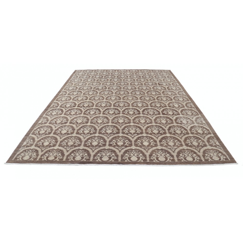 Hand Knotted Brown and Ivory Wool Area Rug | Turkish Botanical Repeating Design Carpet Hand Knotted Brown and Ivory Wool Area Rug | Turkish Botanical Repeating Design Carpet