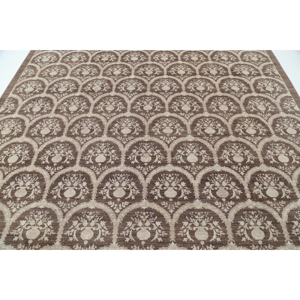 Hand Knotted Brown and Ivory Wool Area Rug | Turkish Botanical Repeating Design Carpet Hand Knotted Brown and Ivory Wool Area Rug | Turkish Botanical Repeating Design Carpet