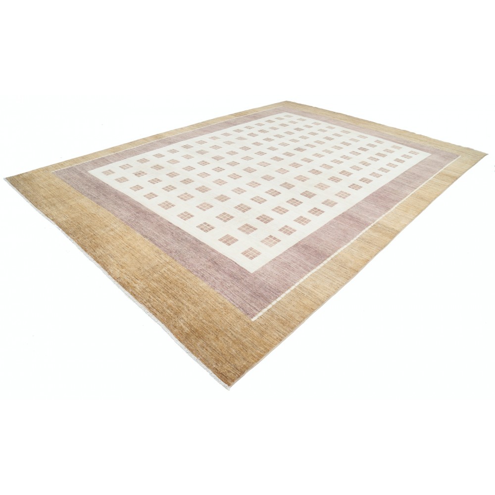 Hand Knotted Beige, Blush and Brown Wool Area Rug | Geometric Grid Design Carpet