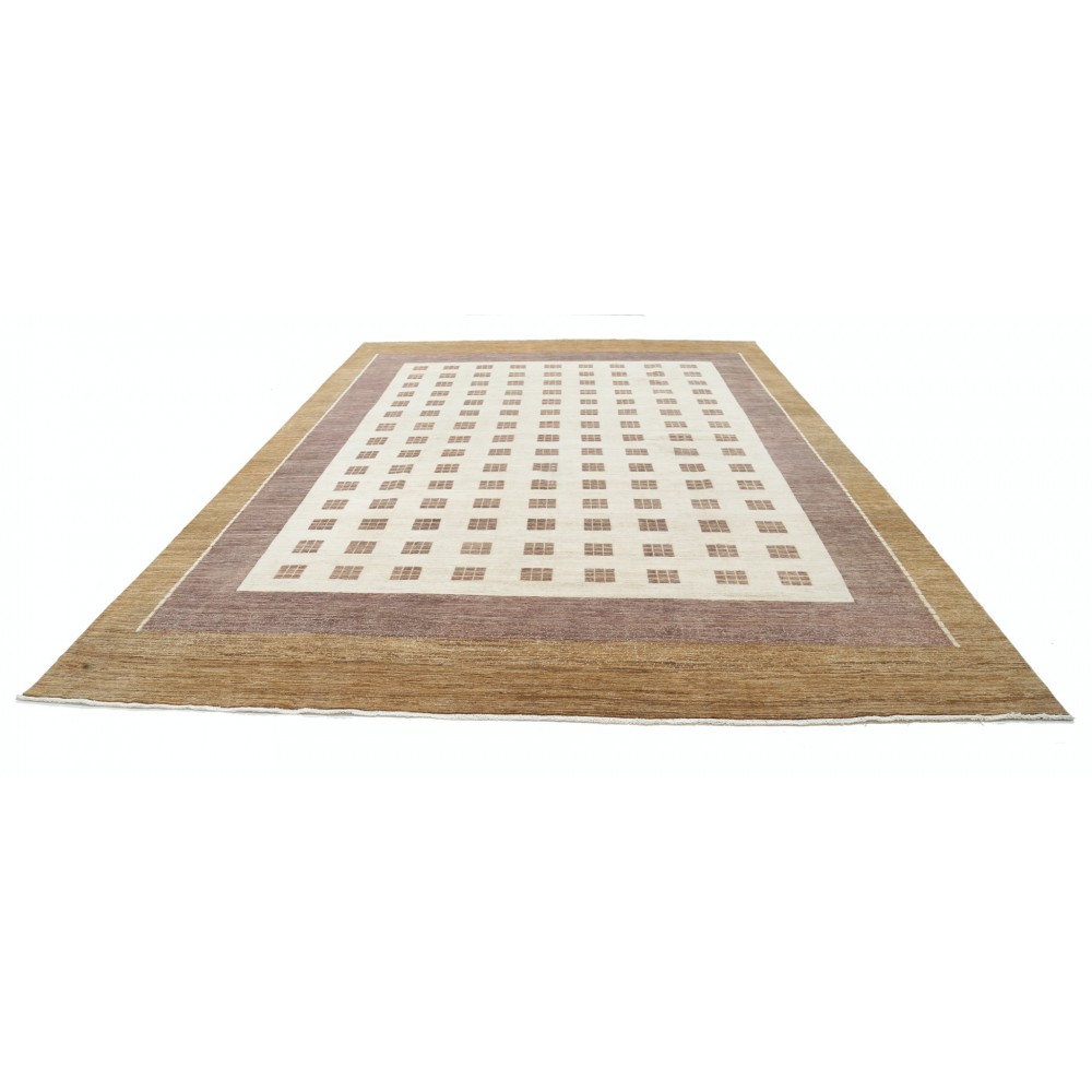 Hand Knotted Beige, Blush and Brown Wool Area Rug | Geometric Grid Design Carpet