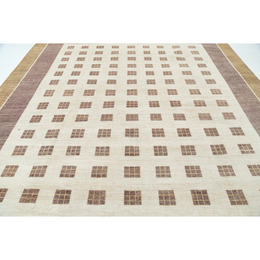Hand Knotted Beige, Blush and Brown Wool Area Rug | Geometric Grid Design Carpet