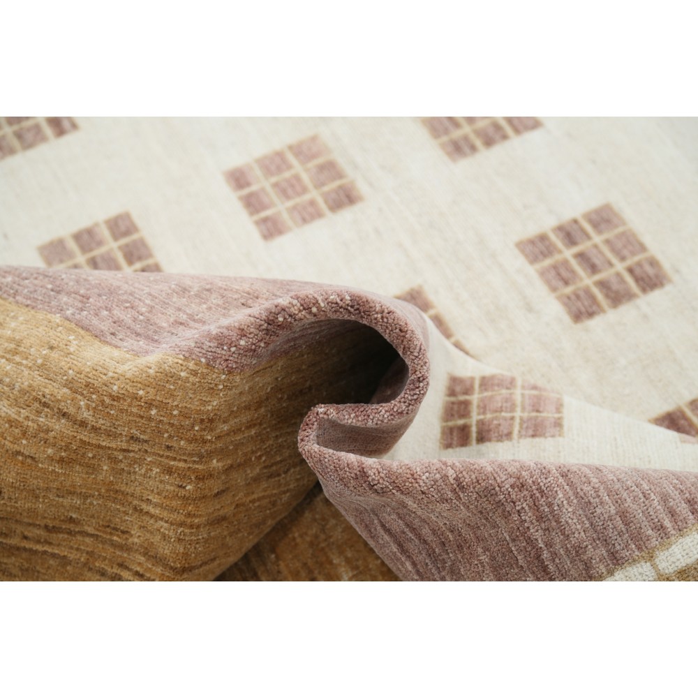 Hand Knotted Beige, Blush and Brown Wool Area Rug | Geometric Grid Design Carpet