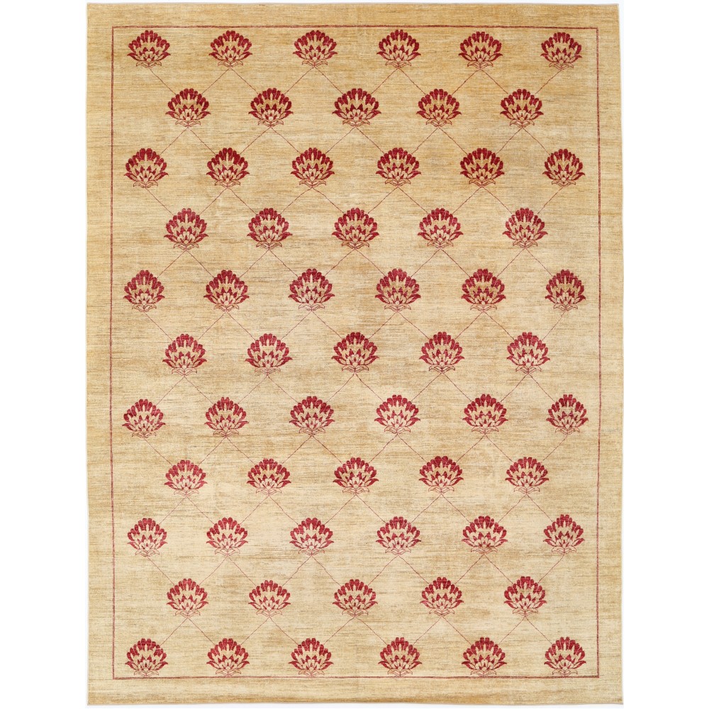 Hand Knotted Beige and Red Wool Area Rug | Turkish Repeating Floral Design Carpet Hand Knotted Beige and Red Wool Area Rug | Turkish Repeating Floral Design Carpet