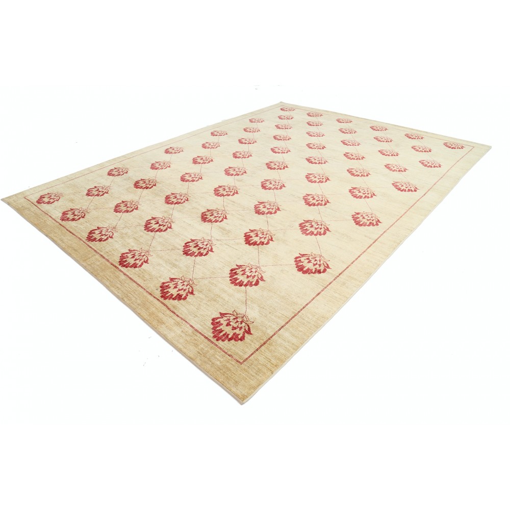 Hand Knotted Beige and Red Wool Area Rug | Turkish Repeating Floral Design Carpet Hand Knotted Beige and Red Wool Area Rug | Turkish Repeating Floral Design Carpet