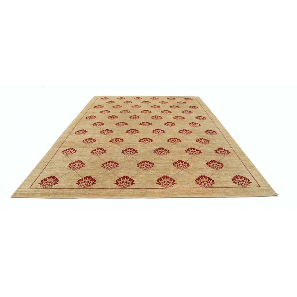 Hand Knotted Beige and Red Wool Area Rug | Turkish Repeating Floral Design Carpet Hand Knotted Beige and Red Wool Area Rug | Turkish Repeating Floral Design Carpet