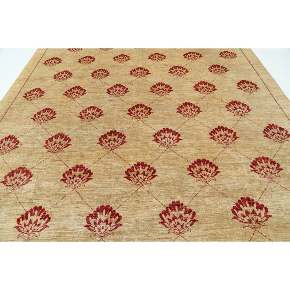 Hand Knotted Beige and Red Wool Area Rug | Turkish Repeating Floral Design Carpet Hand Knotted Beige and Red Wool Area Rug | Turkish Repeating Floral Design Carpet