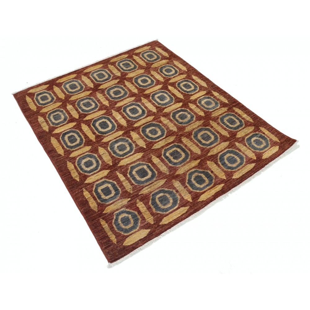 Hand Knotted Rust, Gold and Charcoal Area Rug | Geometric Pattern Accent Rug | 100% Wool Hand Knotted Rust, Gold and Charcoal Area Rug | Geometric Pattern Accent Rug | 100% Wool