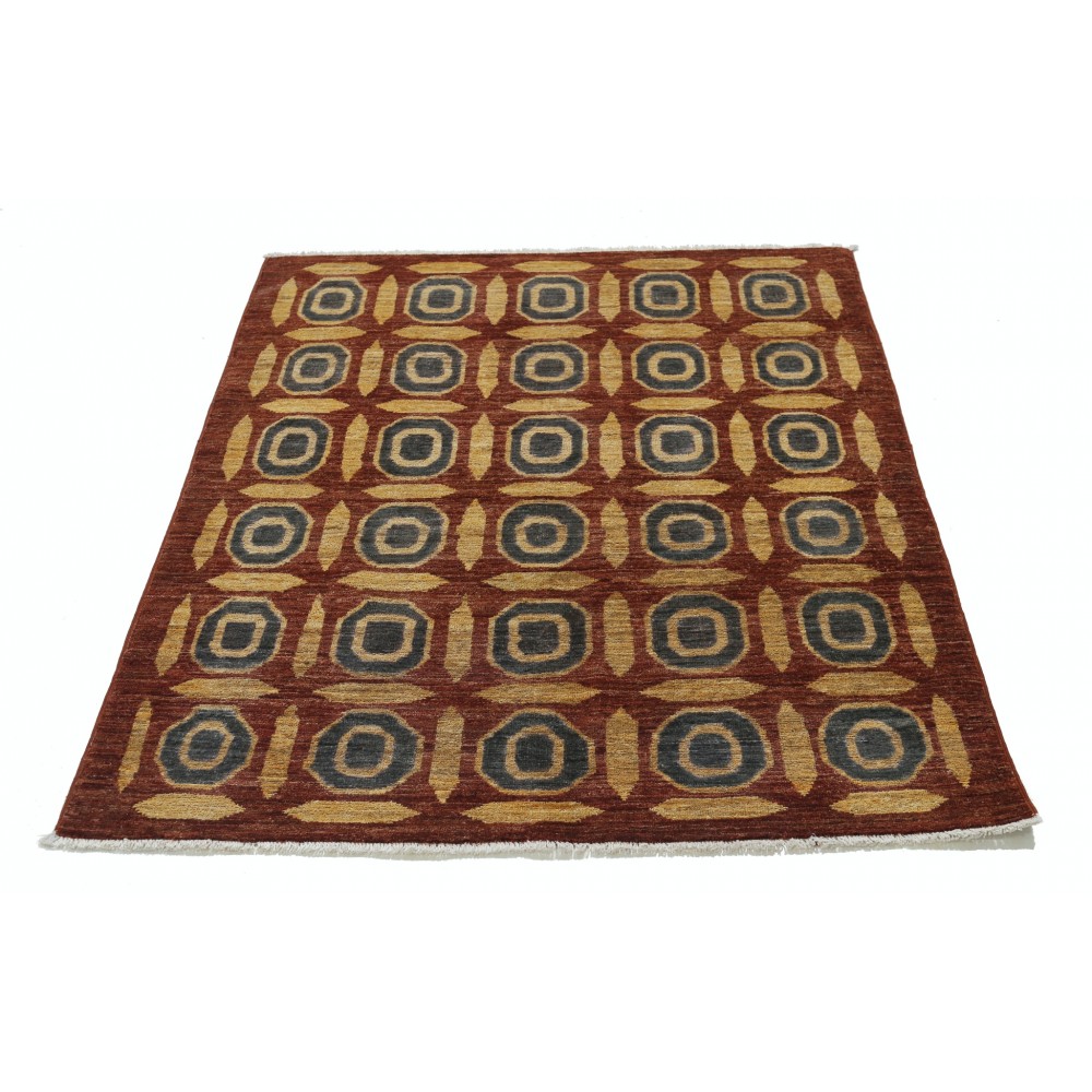 Hand Knotted Rust, Gold and Charcoal Area Rug | Geometric Pattern Accent Rug | 100% Wool Hand Knotted Rust, Gold and Charcoal Area Rug | Geometric Pattern Accent Rug | 100% Wool