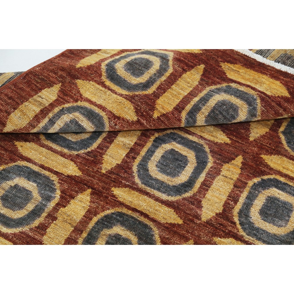 Hand Knotted Rust, Gold and Charcoal Area Rug | Geometric Pattern Accent Rug | 100% Wool Hand Knotted Rust, Gold and Charcoal Area Rug | Geometric Pattern Accent Rug | 100% Wool